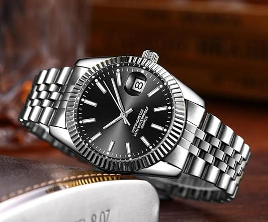 Men's Classic Analog Quartz Watch – Stainless Steel, Round Case, Date Window, Waterproof 30M