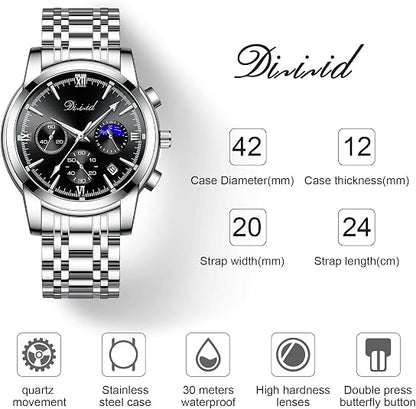 Men's Business Chronograph Watch – Analog Quartz, 316L Stainless Steel, Waterproof 30M, Luminous Date Moon Phase, Casual Wrist Watch
