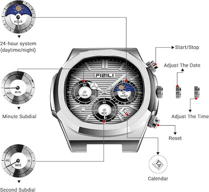 Men's Business Chronograph Watch – Stainless Steel, Quartz, Octagonal Case, Waterproof 30M, Luminous Analog Date Display