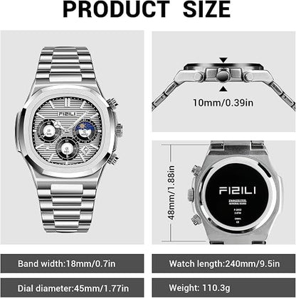 Men's Business Chronograph Watch – Stainless Steel, Quartz, Octagonal Case, Waterproof 30M, Luminous Analog Date Display