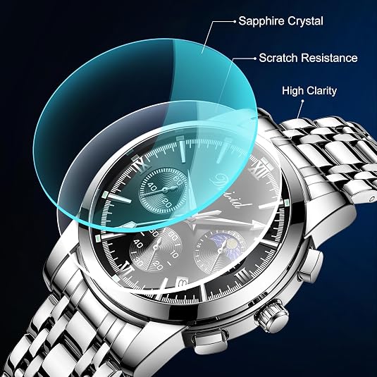 Men's Business Chronograph Watch – Analog Quartz, 316L Stainless Steel, Waterproof 30M, Luminous Date Moon Phase, Casual Wrist Watch