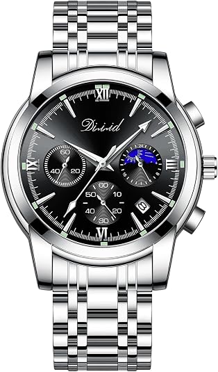 Men's Business Chronograph Watch – Analog Quartz, 316L Stainless Steel, Waterproof 30M, Luminous Date Moon Phase, Casual Wrist Watch