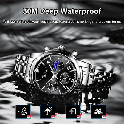 Men's Business Chronograph Watch – Analog Quartz, 316L Stainless Steel, Waterproof 30M, Luminous Date Moon Phase, Casual Wrist Watch
