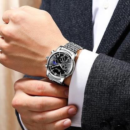 Men's Business Chronograph Watch – Analog Quartz, 316L Stainless Steel, Waterproof 30M, Luminous Date Moon Phase, Casual Wrist Watch