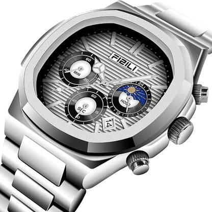 Men's Business Chronograph Watch – Stainless Steel, Quartz, Octagonal Case, Waterproof 30M, Luminous Analog Date Display