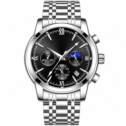 Men's Business Chronograph Watch – Analog Quartz, 316L Stainless Steel, Waterproof 30M, Luminous Date Moon Phase, Casual Wrist Watch